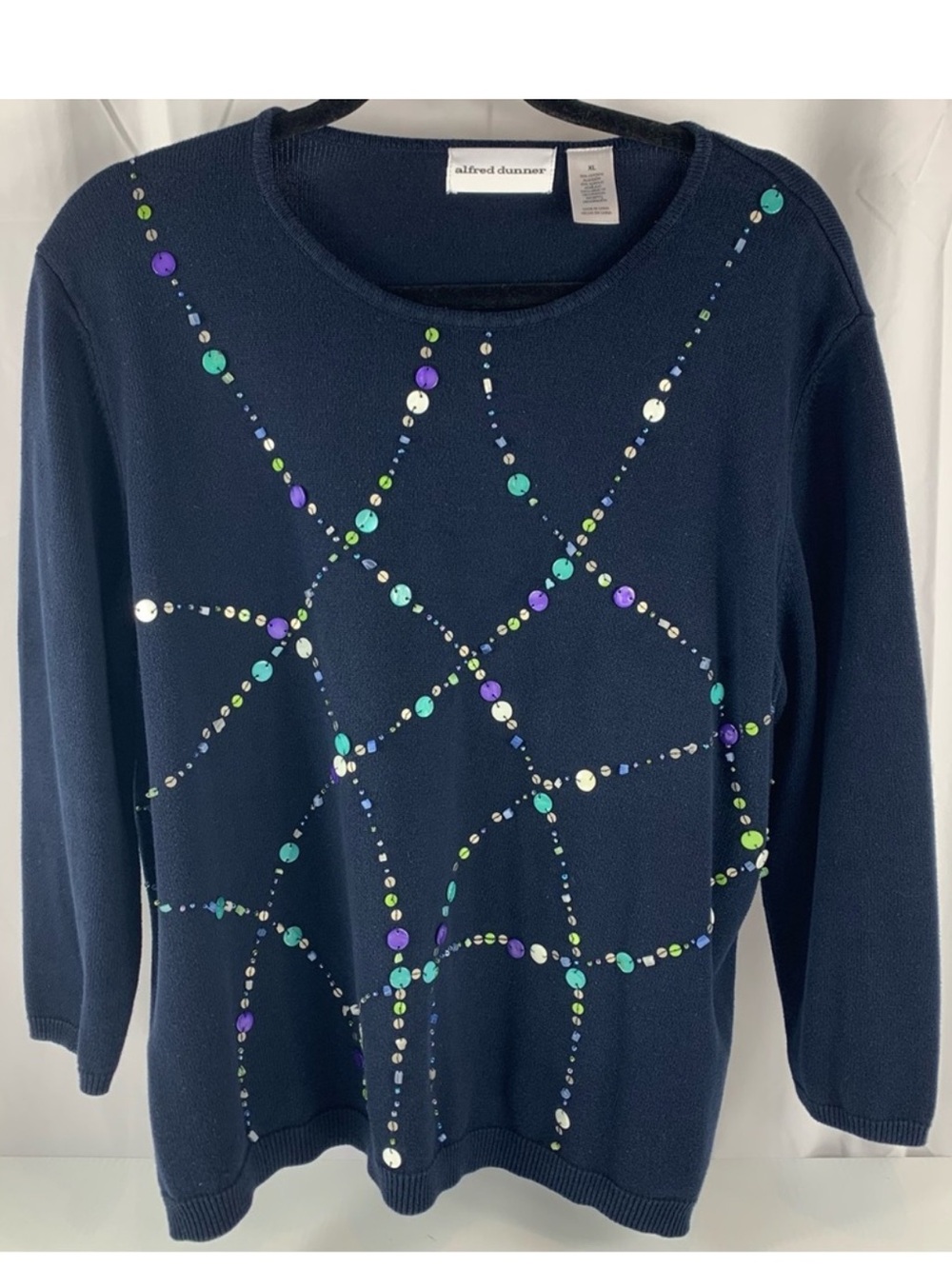 Alfred Dunner Women's Sweater XL Navy Blue Beads Sequins Crew Neck Pullover